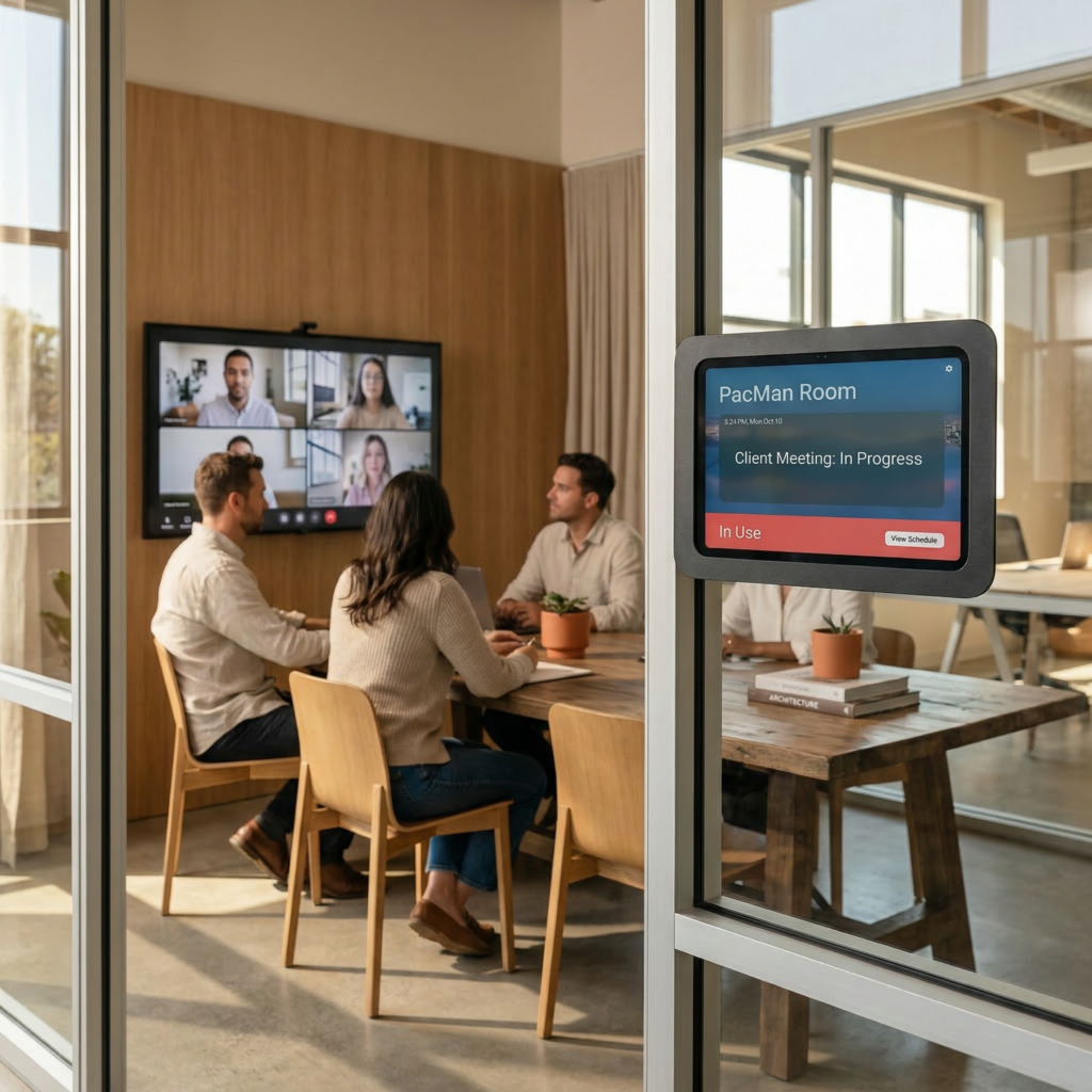 Meeting room with scheduling panel